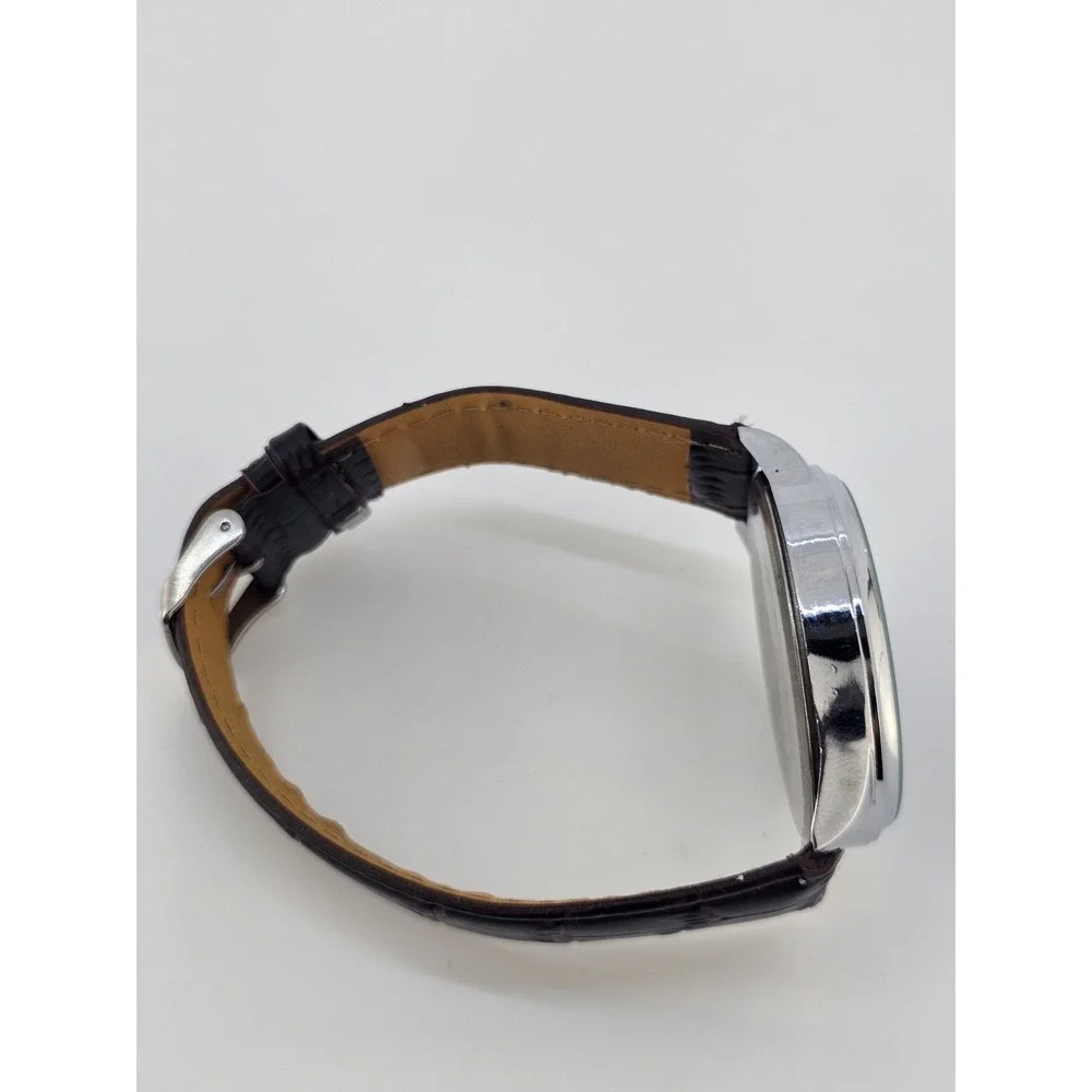Men's Analog Watch 45MM Brown Dial Dark Brown Faux Leather Bands New Battery